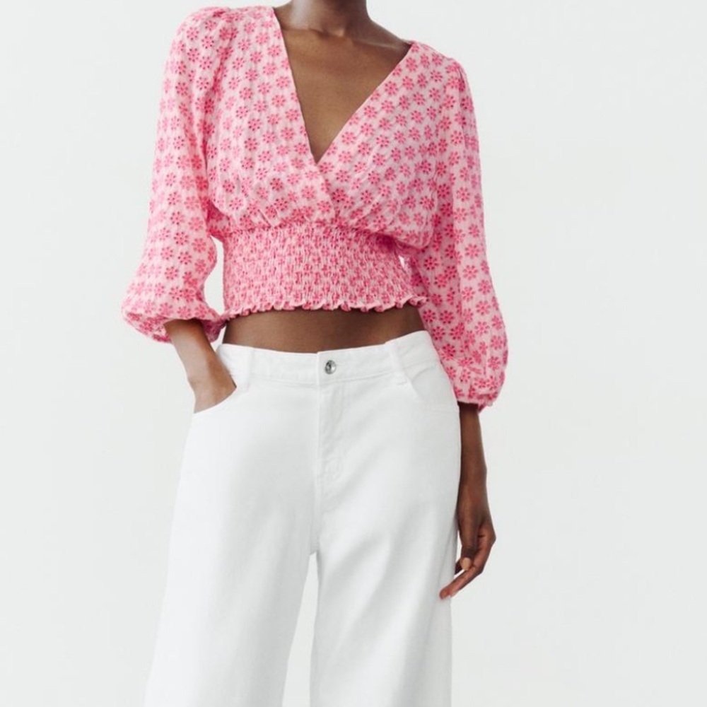 Zara Pink Floral Smocked Crop Top
